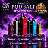 Pod Salt 35000 Puffs Disposable Vape 20mg Nicotine multiple vape devices on a dark smoky stage