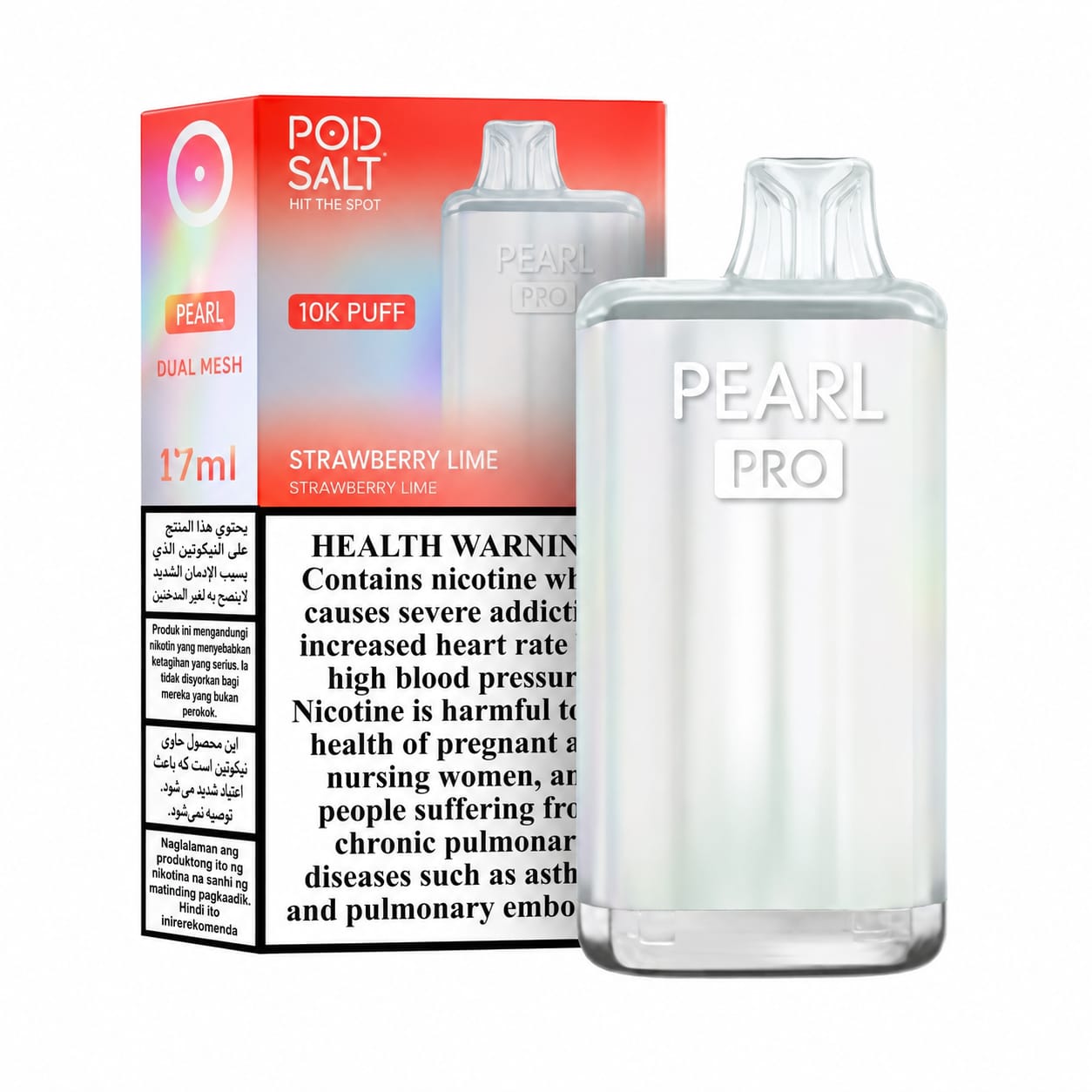 Pod Salt Pearl Pro 10000 Puffs 20mg Disposable Vape Strawberry Lime flavor device with retail box