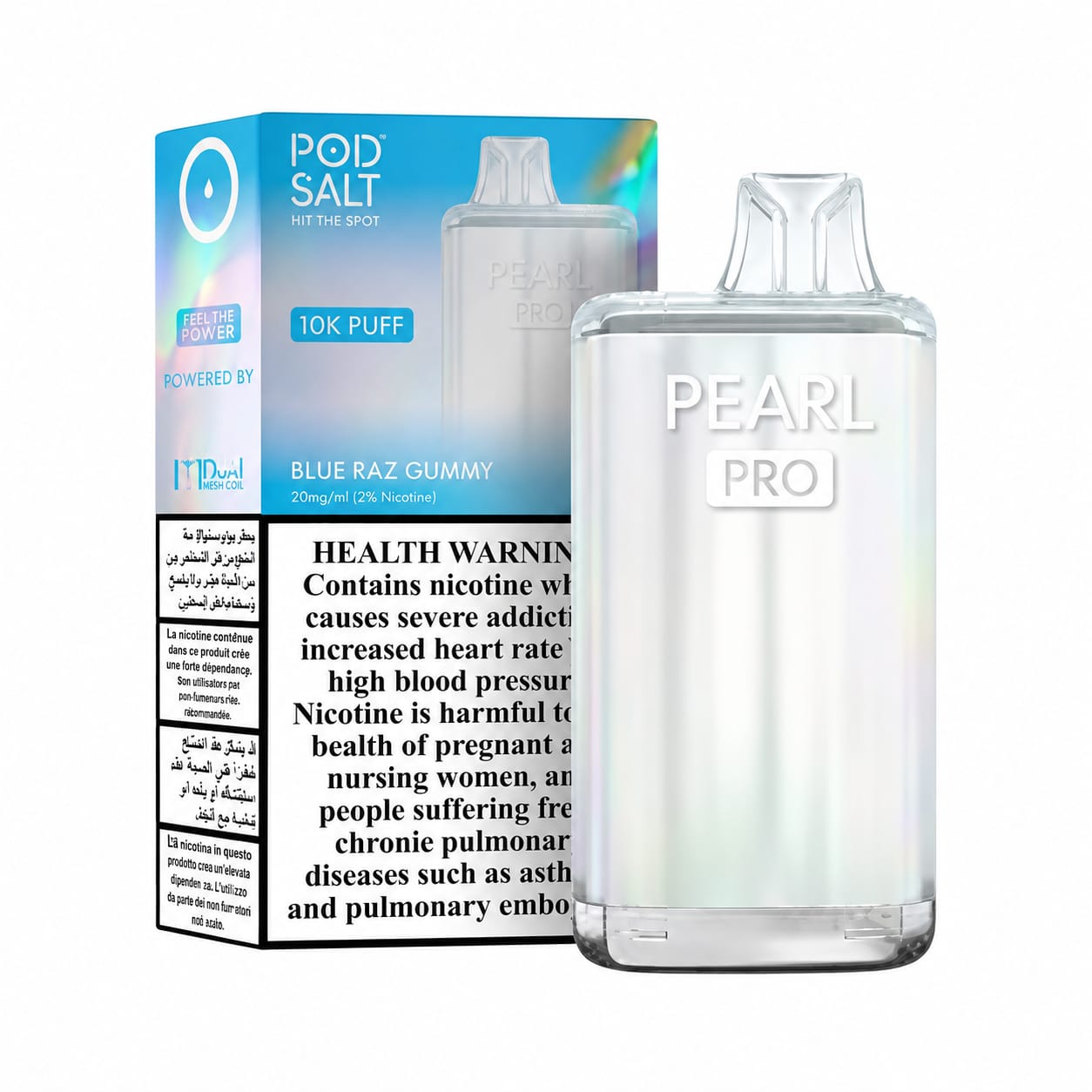 Pod Salt Pearl Pro 10000 Puffs 20mg Disposable Vape Blue Raz Gummy flavor device with retail box