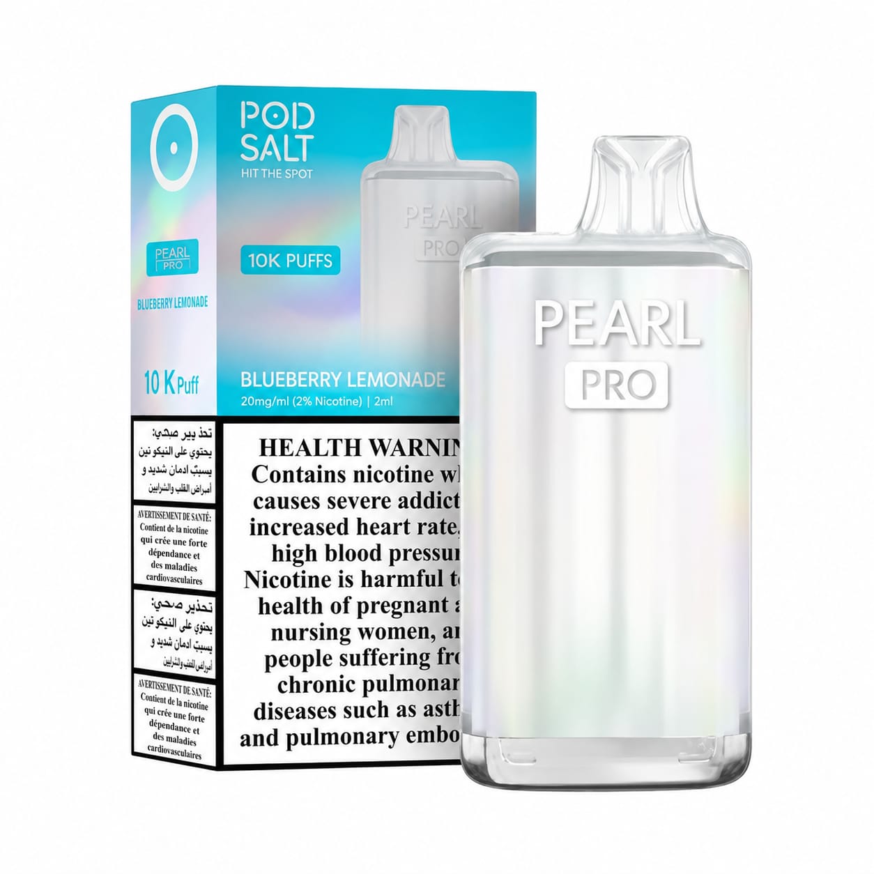 Pod Salt Pearl Pro 10000 Puffs 20mg Disposable Vape Blueberry Lemonade flavor device with retail box