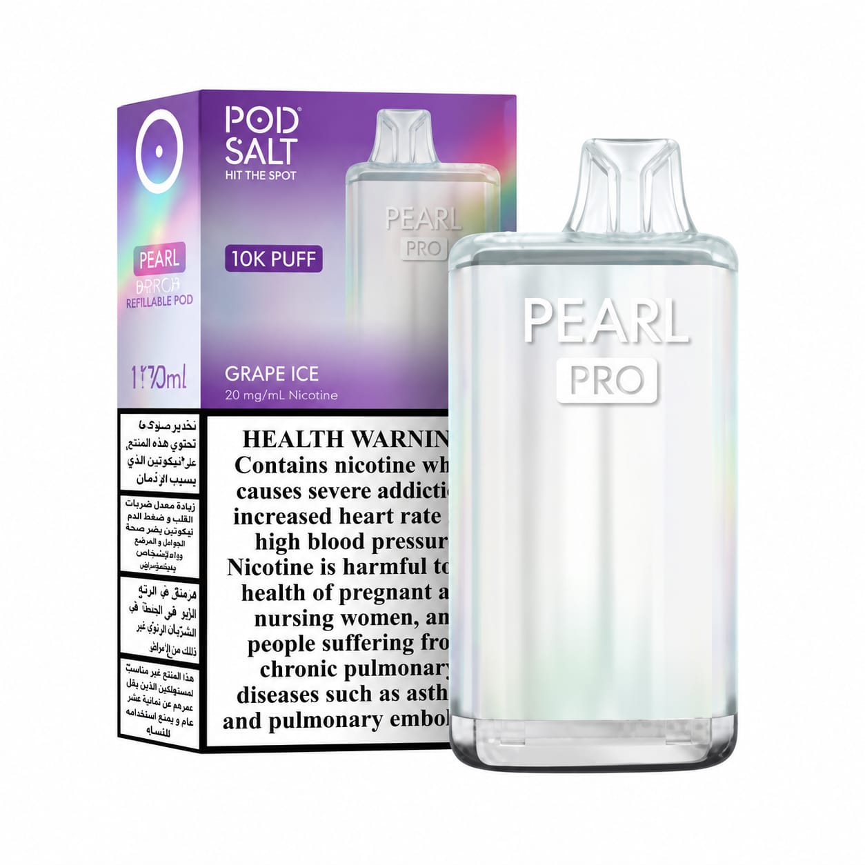 Pod Salt Pearl Pro 10000 Puffs 20mg Disposable Vape Grape Ice flavor device with retail box