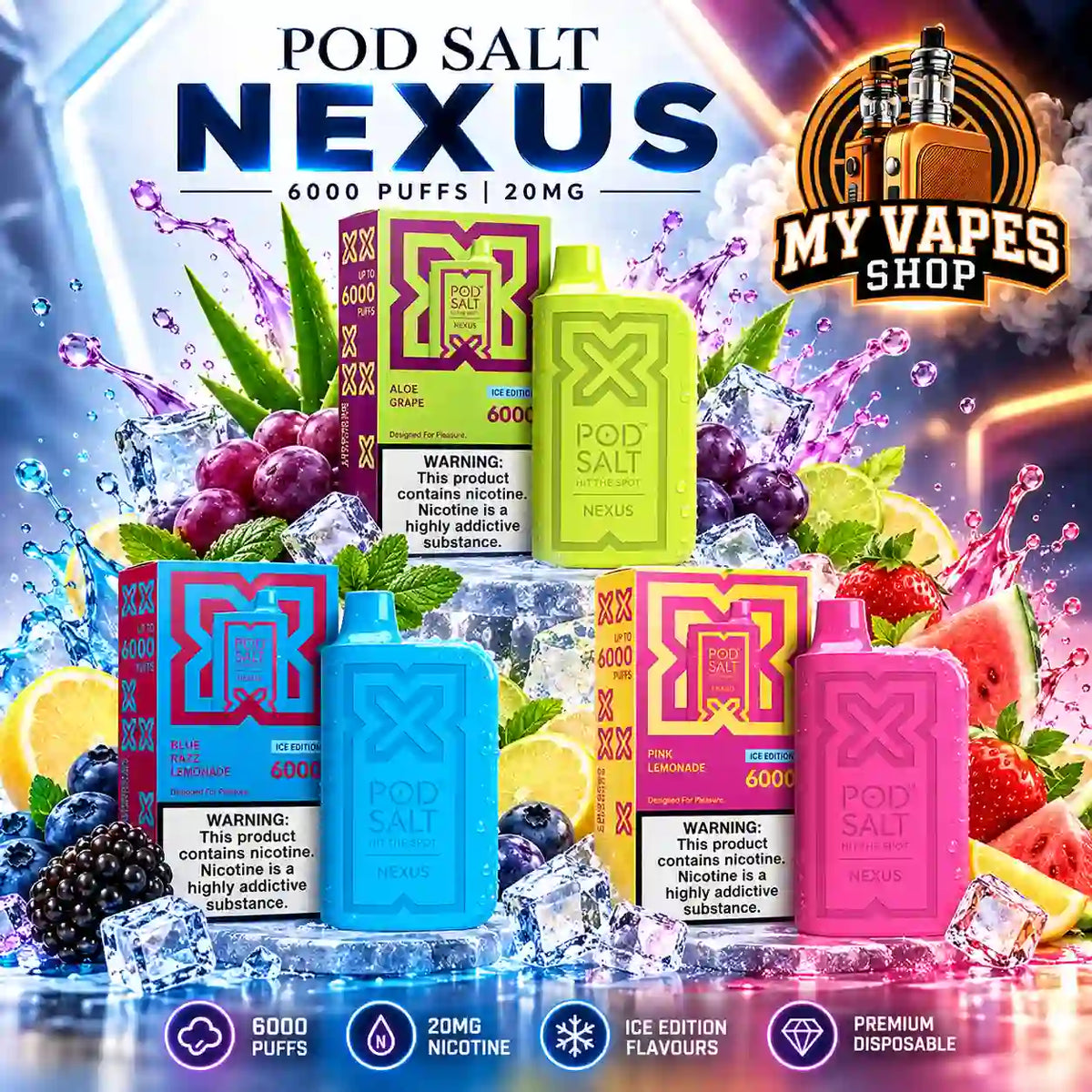 Pod Salt Nexus 6000 Puffs Disposable Vape devices in three flavors and product specs