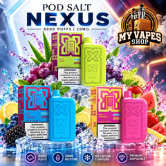 Pod Salt Nexus 6000 Puffs Disposable Vape devices in three flavors and product specs