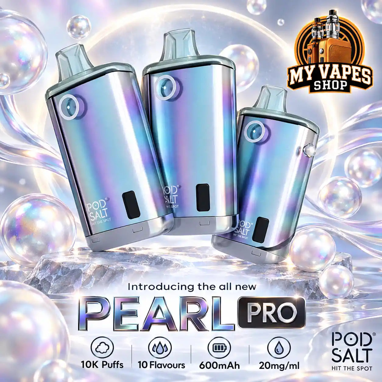 Pod Salt Pearl Pro 10000 Puffs 20mg Disposable Vape against a bubbly icy background